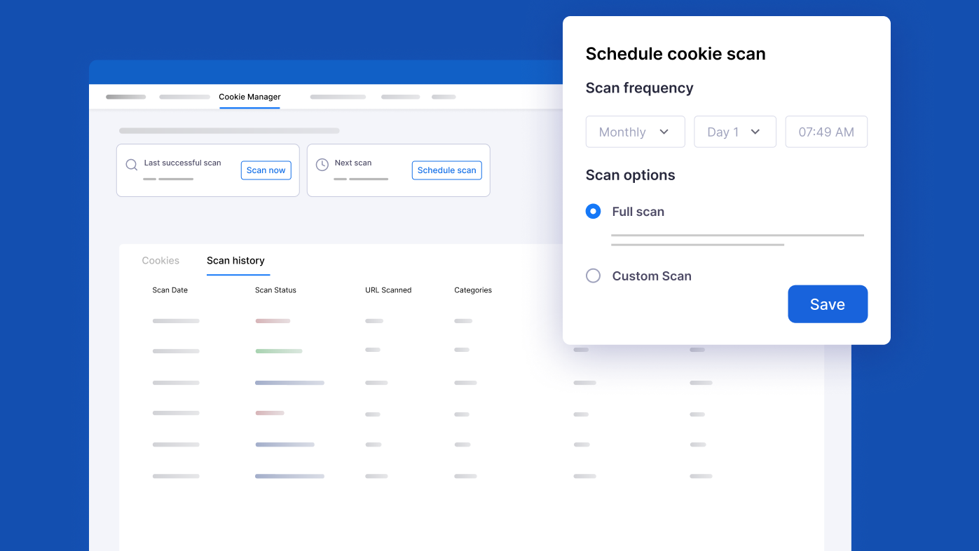 CookieYes cookie scan scheduler with monthly frequency and Full scan option selected, showing scan history table