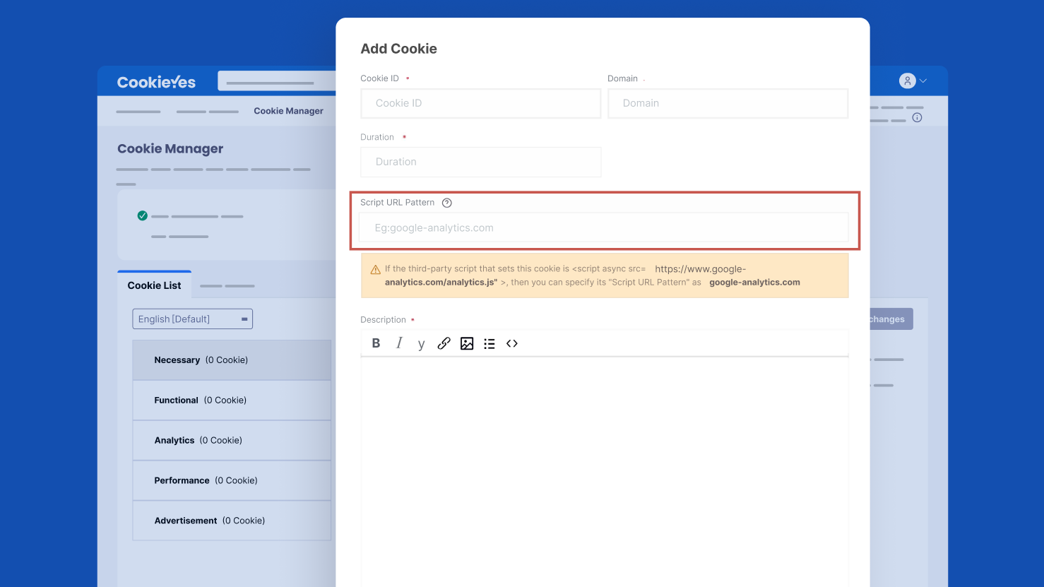 CookieYes Add Cookie form with Script URL Pattern field showing google-analytics.com blocking example