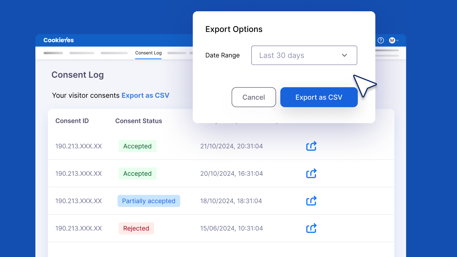 CookieYes Export Options modal with date range selector above consent log showing Accepted and Rejected records