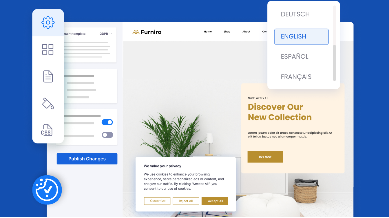 CookieYes banner editor with GDPR template and language options, showing live preview with consent banner