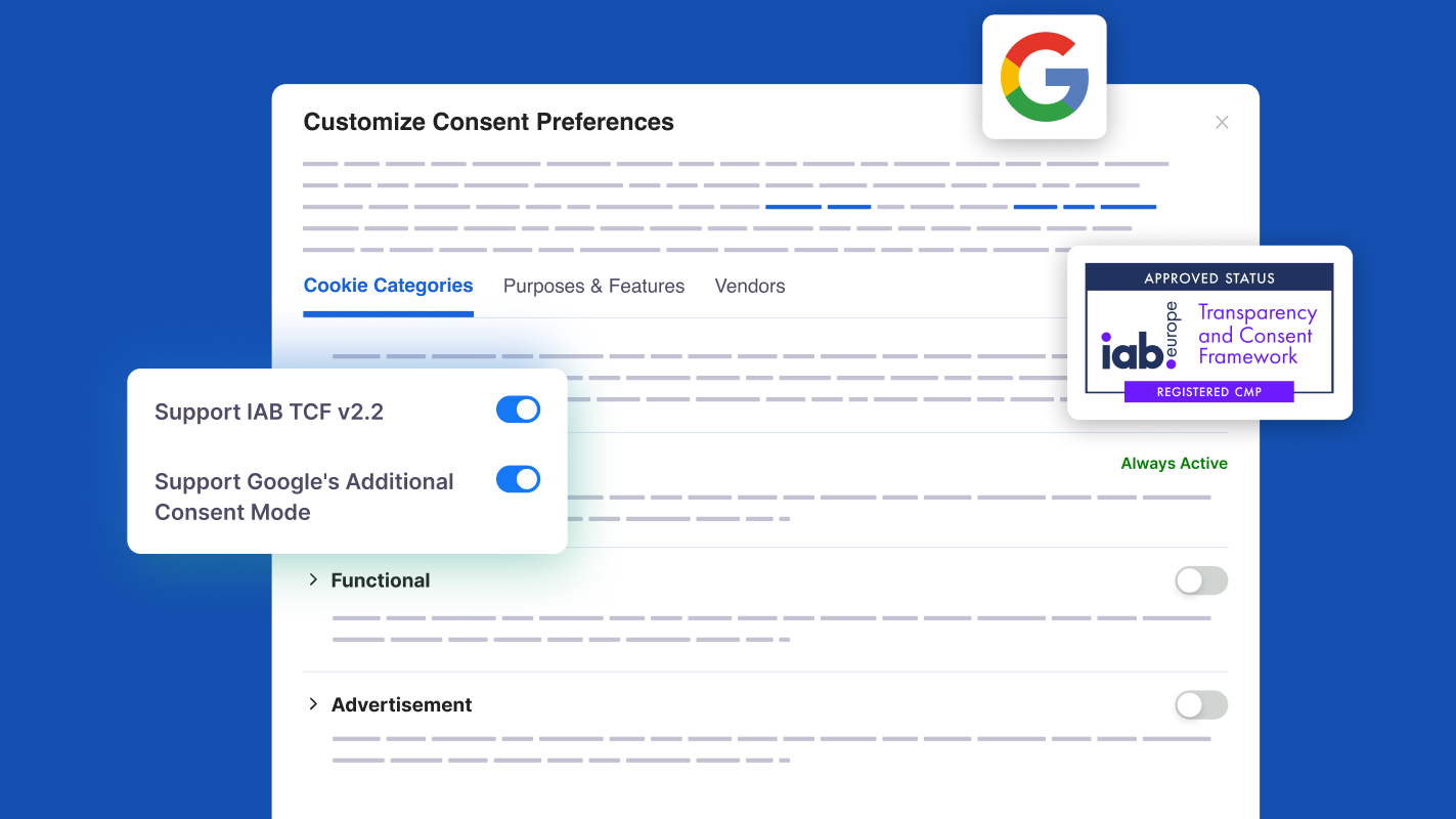 CookieYes Consent Preferences with IAB TCF v2.2 and Google Consent Mode toggles enabled, showing IAB badge